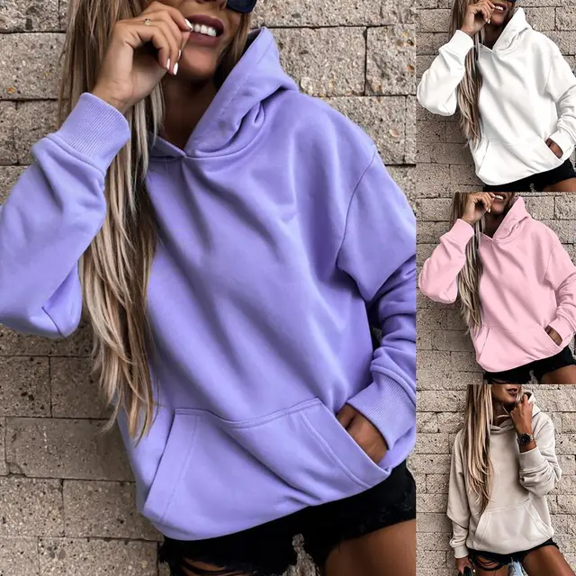 Women's Long Sleeve Solid Color Pullover Hoodie Purple - Shop at LoveMi