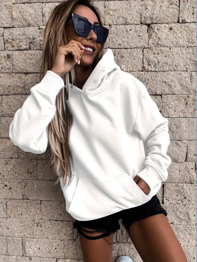 Women's Long Sleeve Solid Color Pullover Hoodie White - Shop at LoveMi