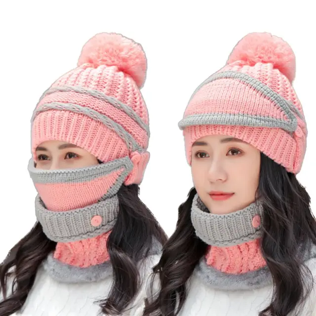 Warm knitted cotton hat suit Pink - Shop at LoveMi