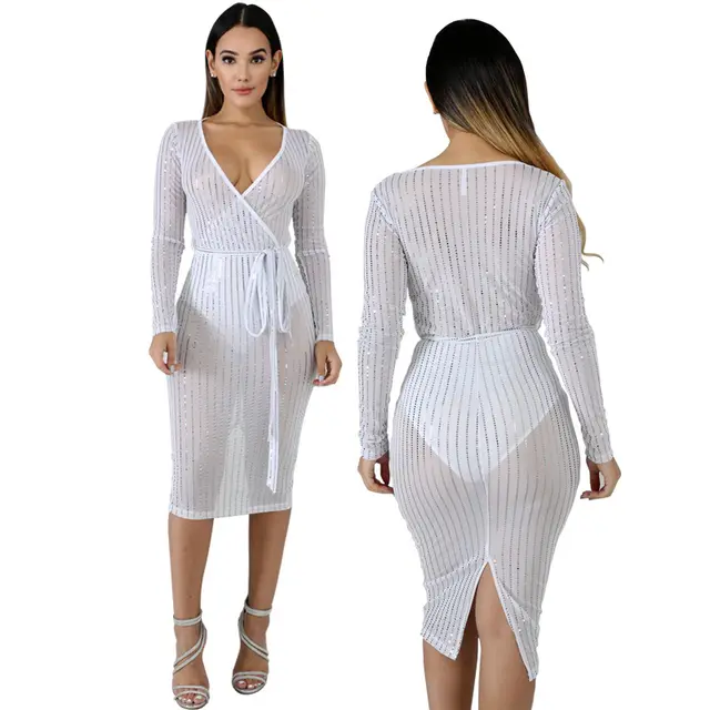 Deep V dress with screen punch White - Shop at LoveMi