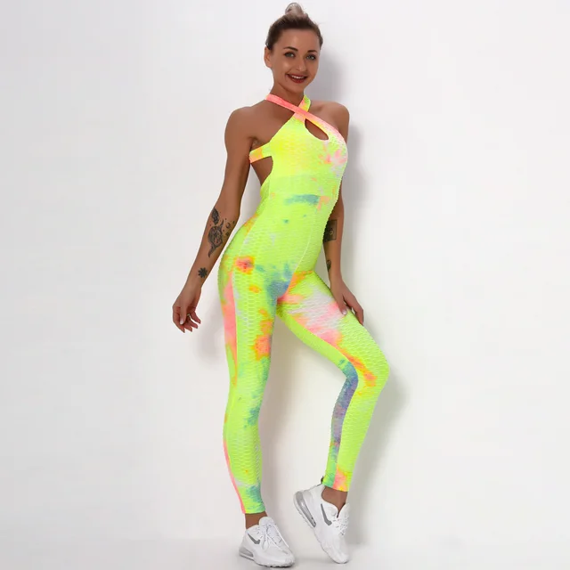 Shaping Tie Dyed Jacquard Sports Yoga Jumpsuit Yellow - Shop at LoveMi
