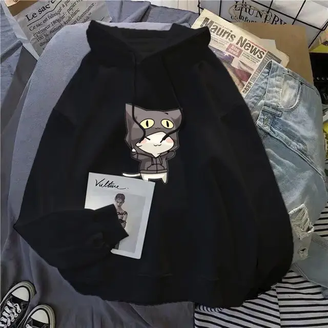 Women's loose coat hooded sweater Cartoon Cat Black - Shop at LoveMi