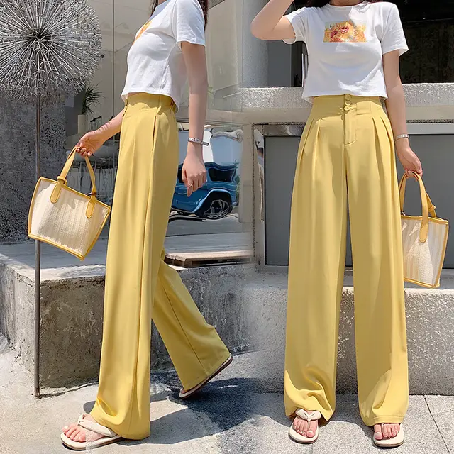 Casual high waist wide leg pants Yellow - Shop at LoveMi