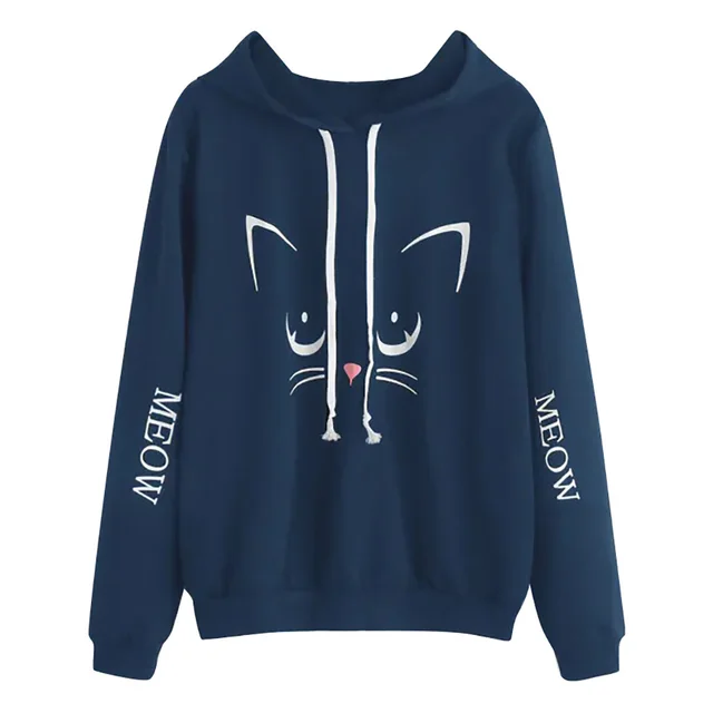 Printed long sleeve loose hoodie Blue - Shop at LoveMi