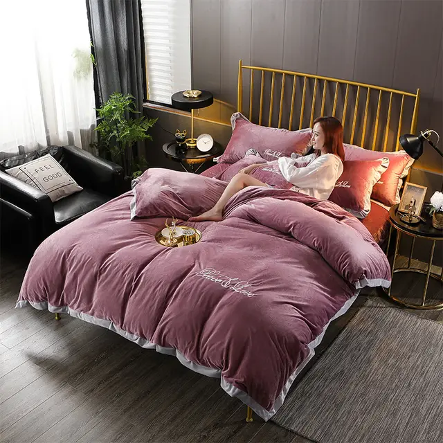 Crystal velvet plain embroidery four piece set Bean Paste - Shop at LoveMi