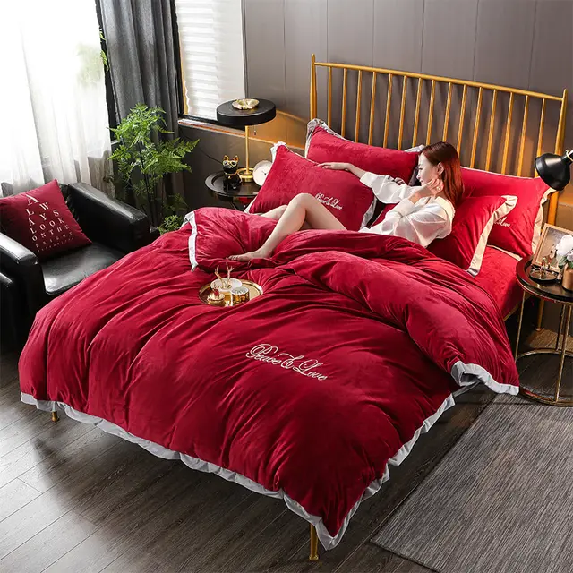 Crystal velvet plain embroidery four piece set Wine Red - Shop at LoveMi