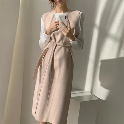 Sleeveless dress elegant V neck woolen dress Apricot Beige - Shop at LoveMi