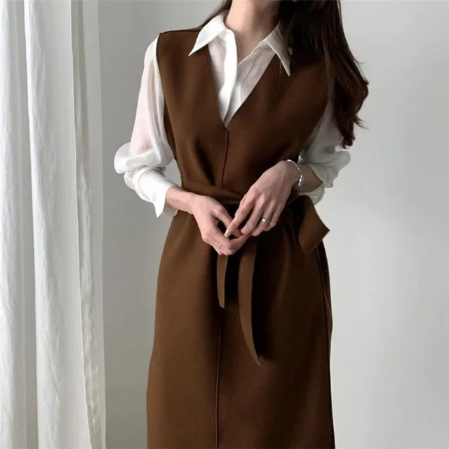 Sleeveless dress elegant V neck woolen dress Caramel - Shop at LoveMi