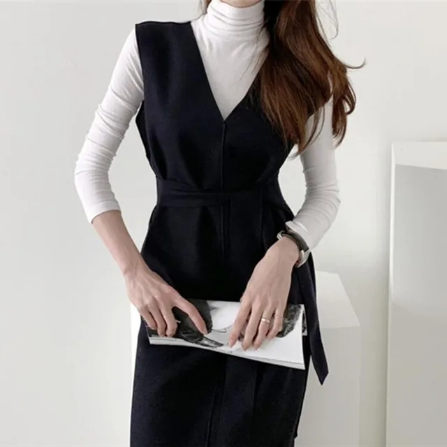 Sleeveless dress elegant V neck woolen dress Dark Blue - Shop at LoveMi