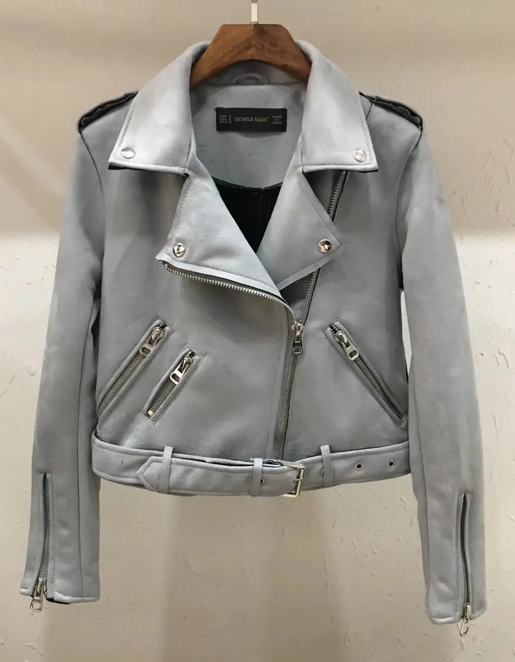 Lapel zipper motorcycle leather jacket - Light Gray