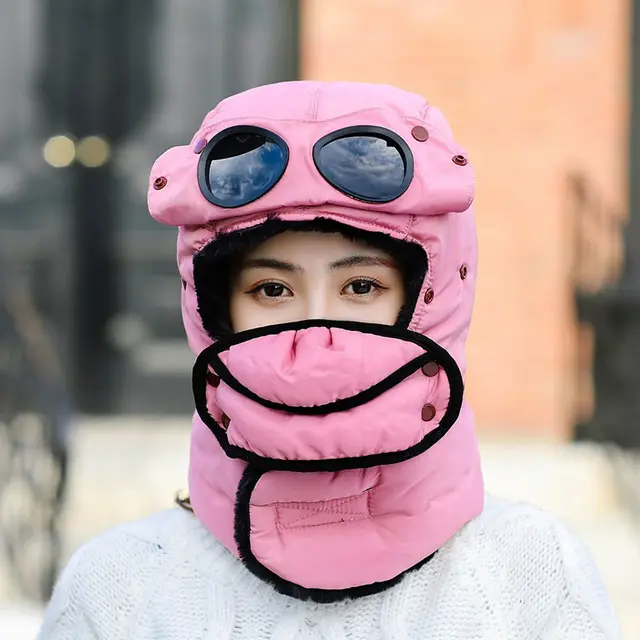 Winter Fleece Cap for Hiking Skiing Windproof Outdoor Sports Hat Fluff Thermal Trapper Hat with Goggles Pink - Shop at LoveMi