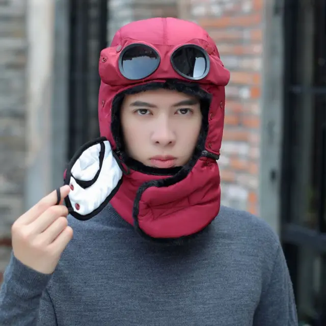 Winter Fleece Cap for Hiking Skiing Windproof Outdoor Sports Hat Fluff Thermal Trapper Hat with Goggles Wine Red - Shop at LoveMi