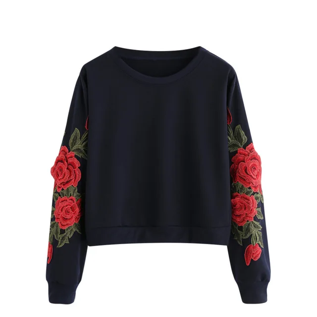 Spring and autumn new embroidered round neck sweater Black - Shop at LoveMi