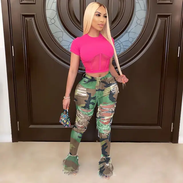 Classic jeans with fringed holes Camouflage - Shop at LoveMi