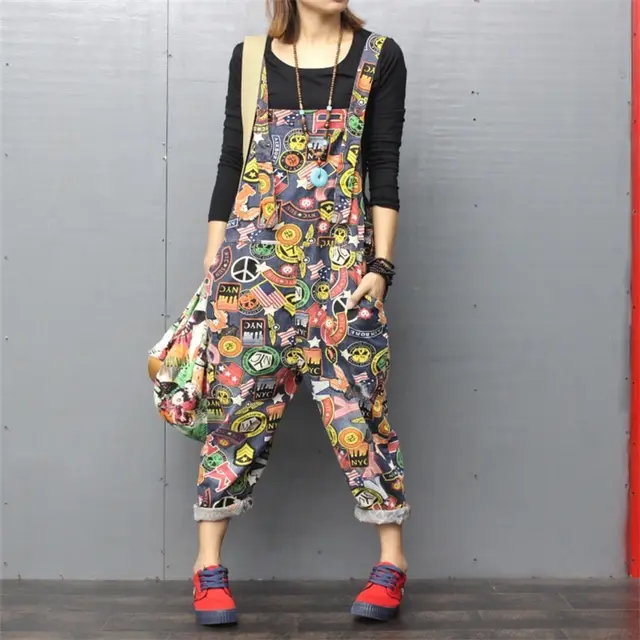 Printed denim bib overalls Blue - Shop at LoveMi