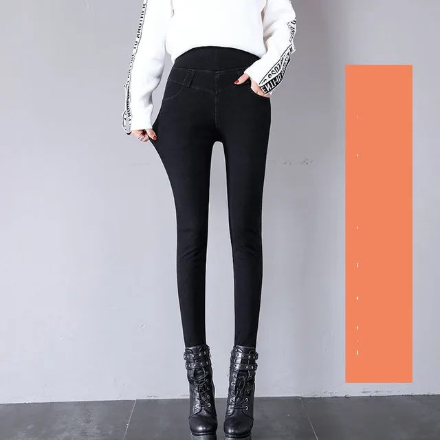Thermal Fleece Denim Jeggings High waisted High Stretch Women Skinny Jeans Black - Shop at LoveMi