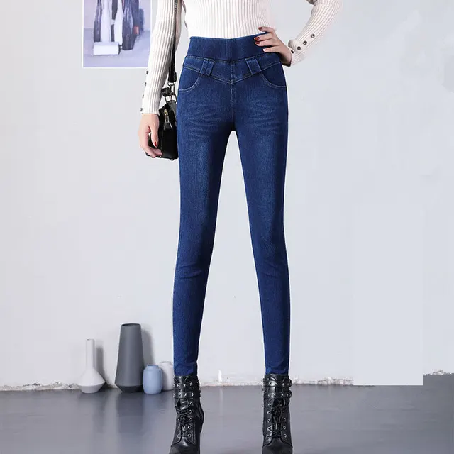 Thermal Fleece Denim Jeggings High waisted High Stretch Women Skinny Jeans Blue - Shop at LoveMi
