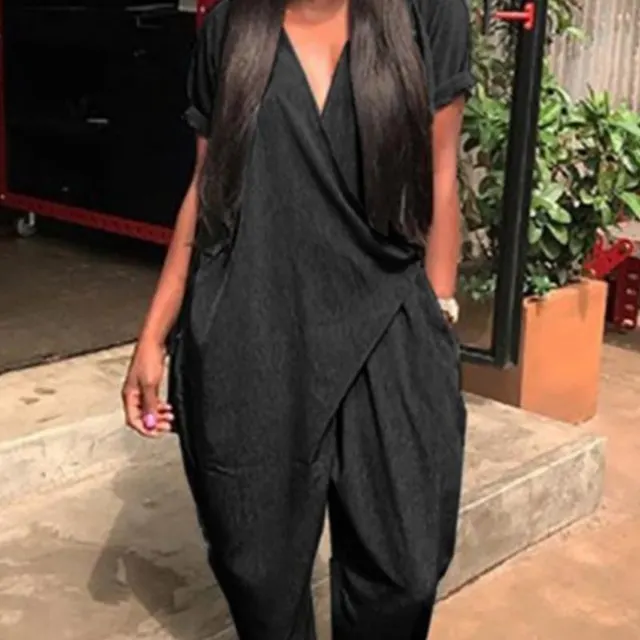 Ladies Casual Short Sleeve Deep V Loose Jumpsuit Black - Shop at LoveMi