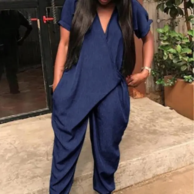 Ladies Casual Short Sleeve Deep V Loose Jumpsuit Blue - Shop at LoveMi