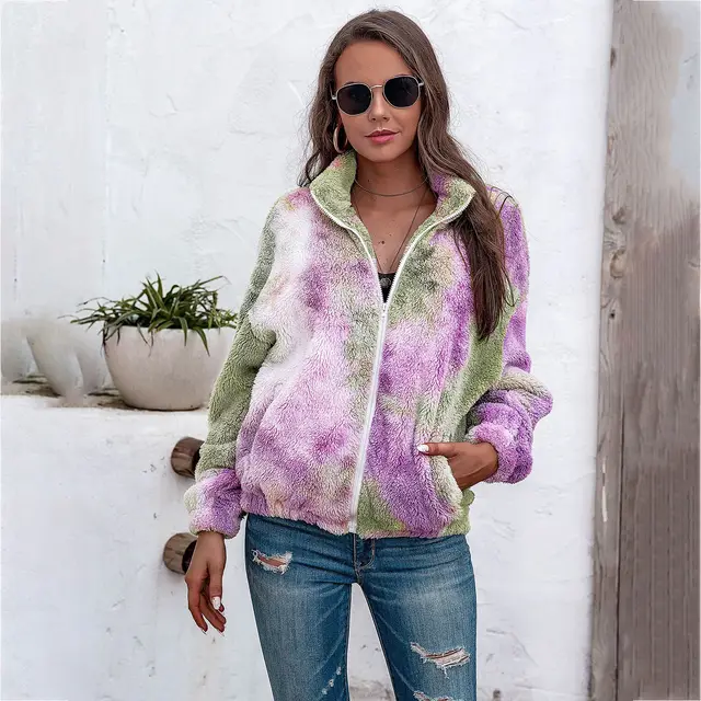 Ladies tie dye plush coat with zipper top Green Purple - Shop at LoveMi