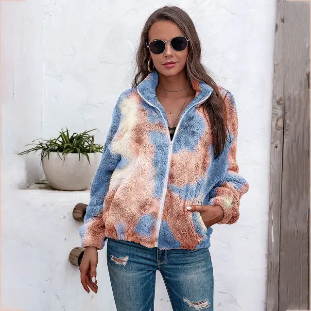 Ladies tie dye plush coat with zipper top Orange Blue - Shop at LoveMi