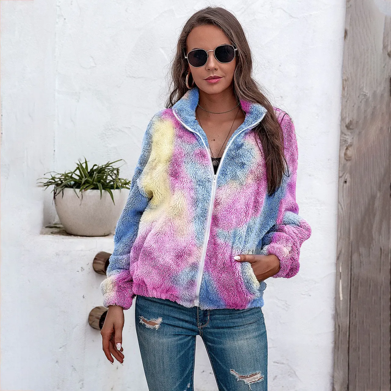 Ladies tie-dye plush coat with zipper top - Pink Blue