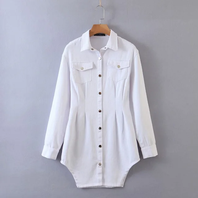 Lapel Long Sleeve Single Breasted Hem Denim Shirt Dress White - Shop at LoveMi
