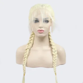Long Section With Bangs Double Ponytail Fishbone Braid Wig - Yellow