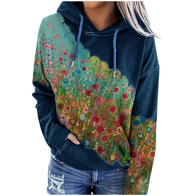 Flower print hooded long sleeved sweatshirt Blue - Shop at LoveMi