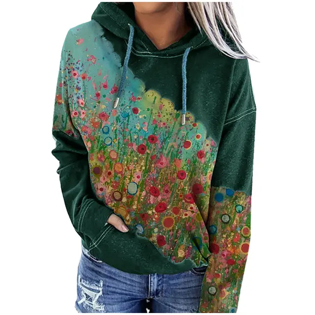 Flower print hooded long sleeved sweatshirt Green - Shop at LoveMi