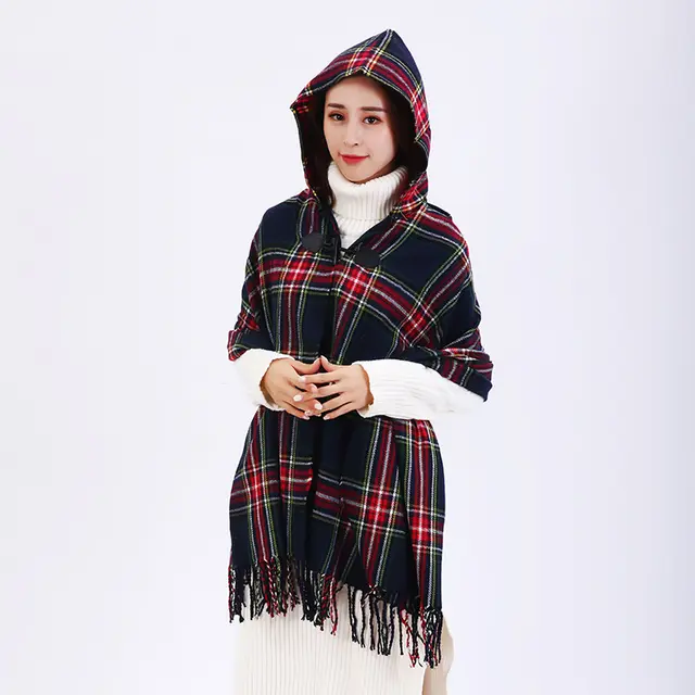 Cashmere plaid national wind hooded horn buckle cloak cloak travel air conditioning shawl Blue - Shop at LoveMi