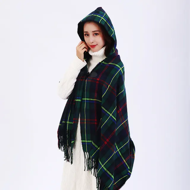 Cashmere plaid national wind hooded horn buckle cloak cloak travel air conditioning shawl Green - Shop at LoveMi