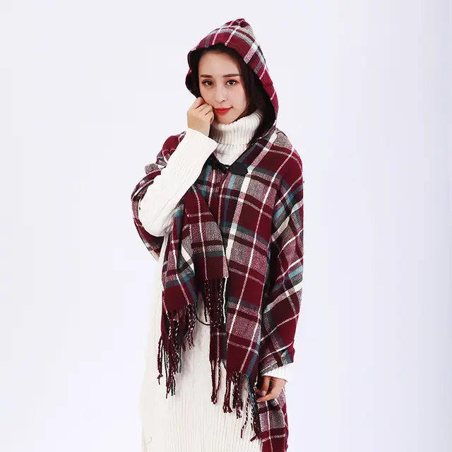 Cashmere plaid national wind hooded horn buckle cloak cloak travel air conditioning shawl Wine Red L - Shop at LoveMi
