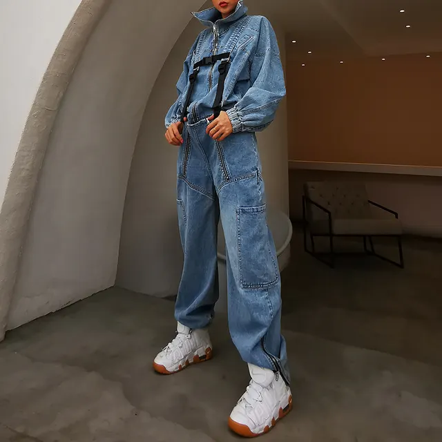Fashion Casual Hooded Straight Leg Loose Fitting Jeans Jumpsuit Blue - Shop at LoveMi