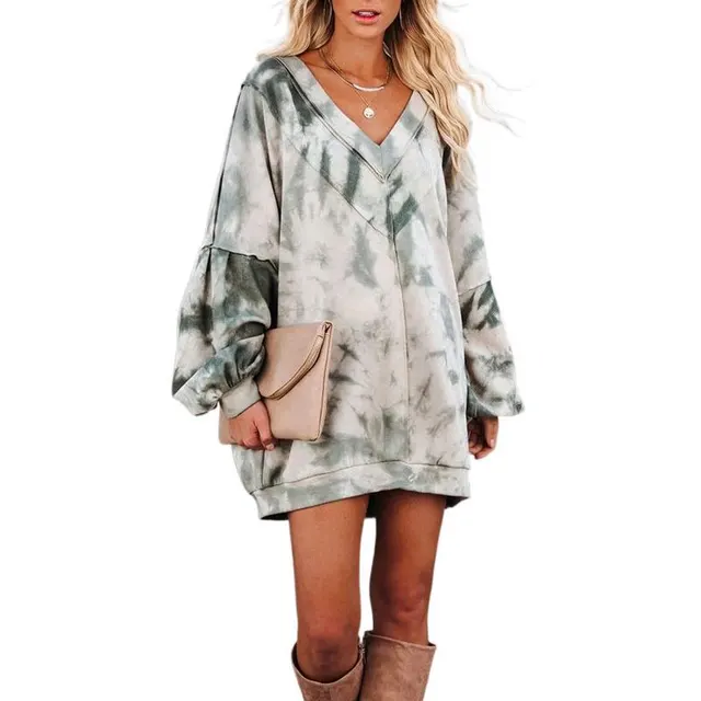 Tie Dye Printed Long Sleeved V Neck Loose Casual Home Sweater Army Green Tie Dye - Shop at LoveMi