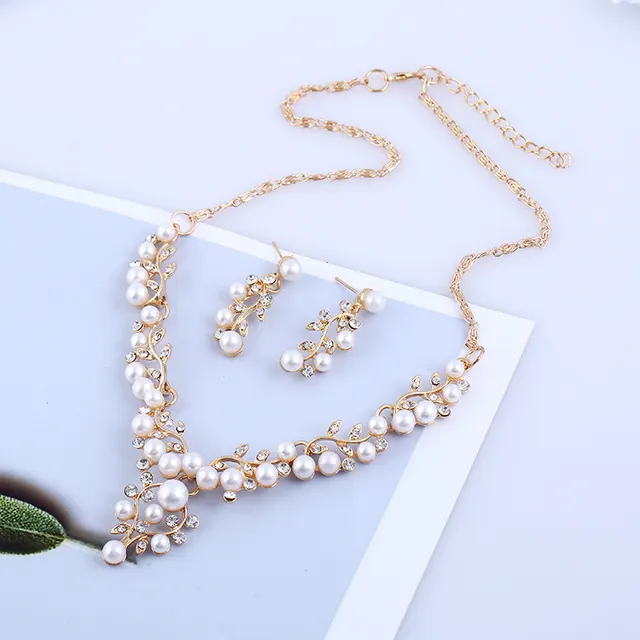 explosion of European and American fashion chain set sweet temperament all match pearl diamond earrings necklace bride suit Gold - Shop at LoveMi