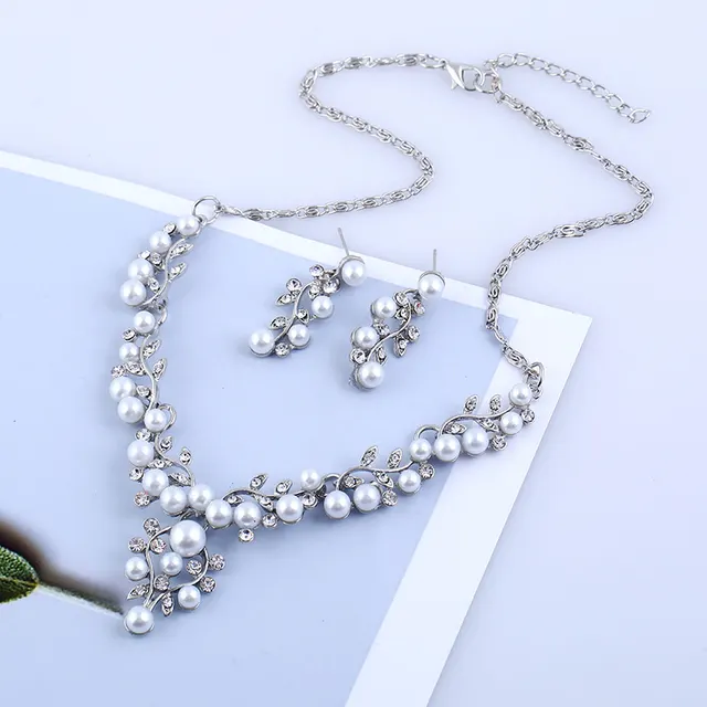 explosion of European and American fashion chain set sweet temperament all match pearl diamond earrings necklace bride suit Silver - Shop at LoveMi