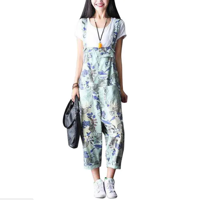 Casual Loose Floral Print Cotton Overalls Women Blue - Shop at LoveMi