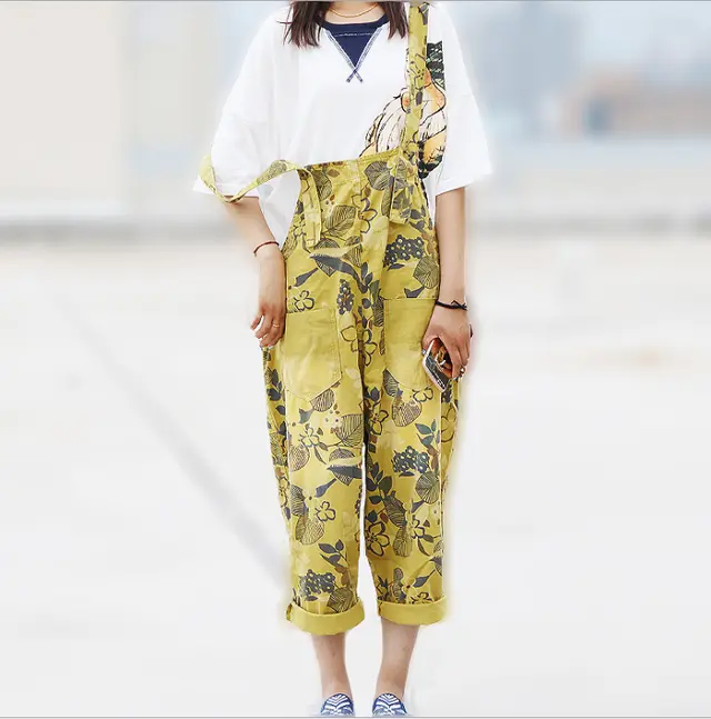 Casual Loose Floral Print Cotton Overalls Women Yellow - Shop at LoveMi