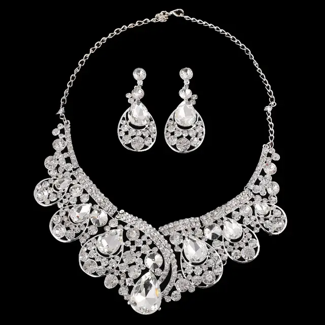 Europe And The United States Korean Super Alloy Rhinestone Wedding Dress Jewelry, Fashion WY Crystal, Europe And America Necklace Earrings Two Sets Default - Shop at LoveMi