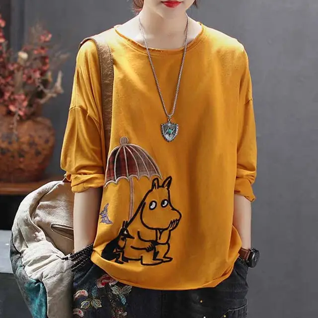 Cartoon Patch Embroidery Round Neck T shirt Cotton Yellow - Shop at LoveMi