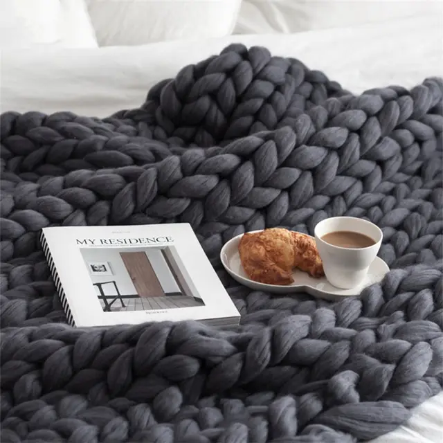 Merino Wool blanket hand woven super thick wool blanket arm knit air conditioning blanket Dark Gray - Shop at LoveMi