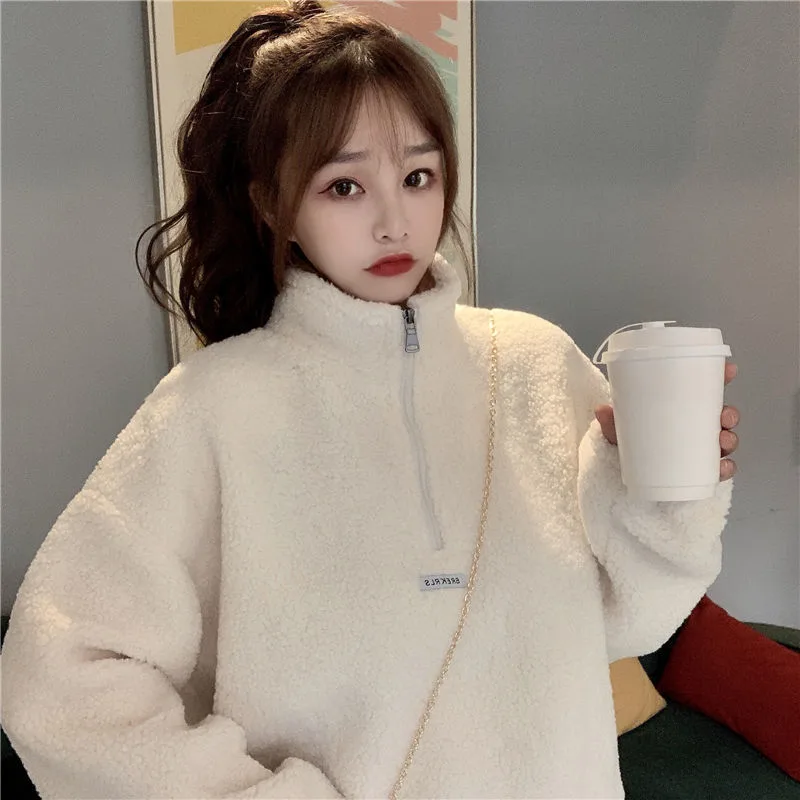 Lamb wool sweater women plus velvet thickening - Beige