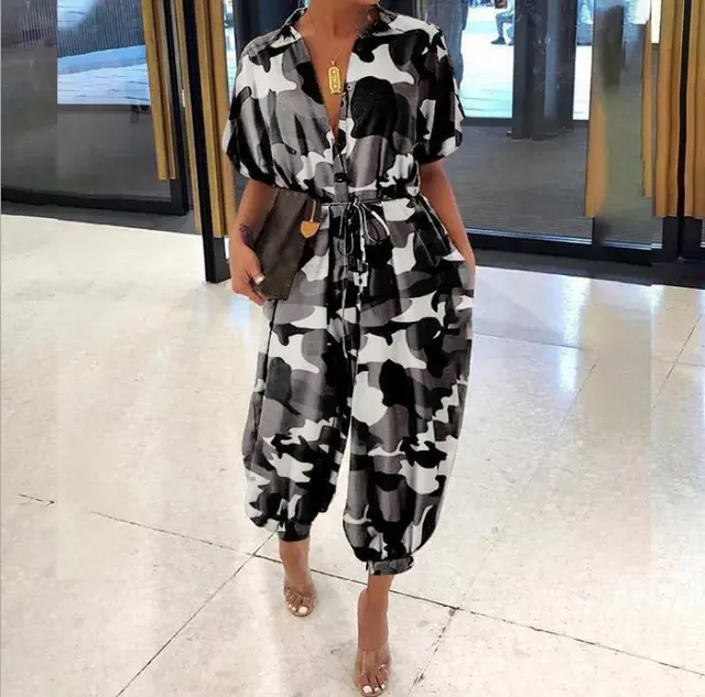 Short sleeve button Jumpsuit Black Camouflage - Shop at LoveMi