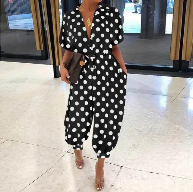 Short sleeve button Jumpsuit Black Dots - Shop at LoveMi