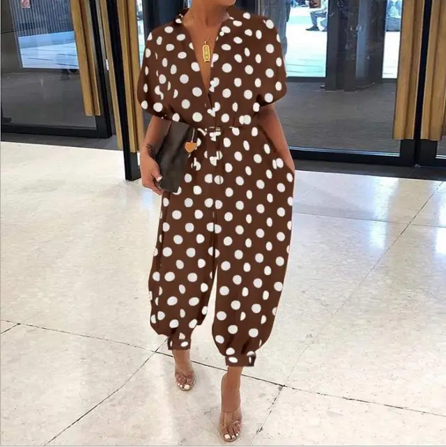 Short sleeve button Jumpsuit Coffee Dots - Shop at LoveMi