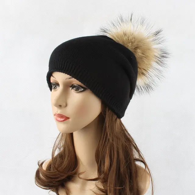 Fur Pompom Hats Black Brown - Shop at LoveMi