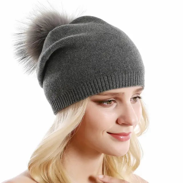 Fur Pompom Hats Dark Gray - Shop at LoveMi