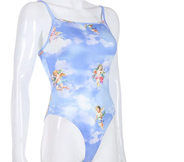 spring sizzling explosions women's new angel print sexy sling sleeveless jumpsuit nightclub shirt Blue - Shop at LoveMi