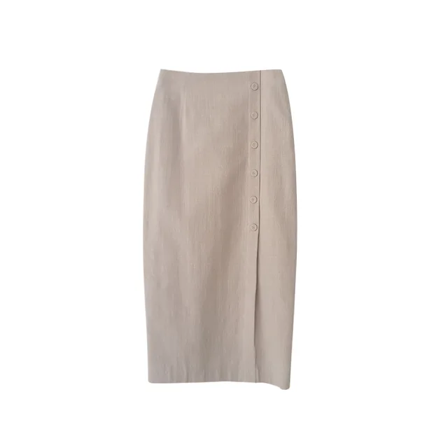 Super Fire Side Slit Cotton And Linen Skirt Apricot Color - Shop at LoveMi